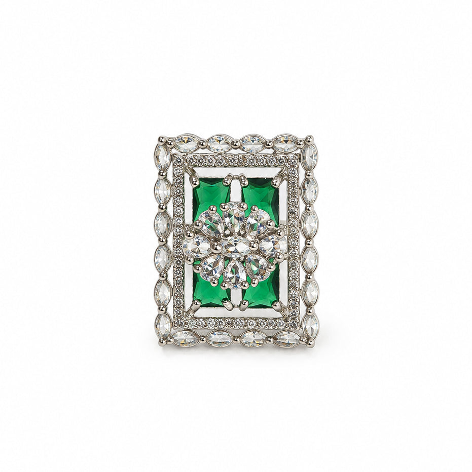 Rhodium Plated Geometric Rectangle Floral Pattern Adjustable Statement Ring