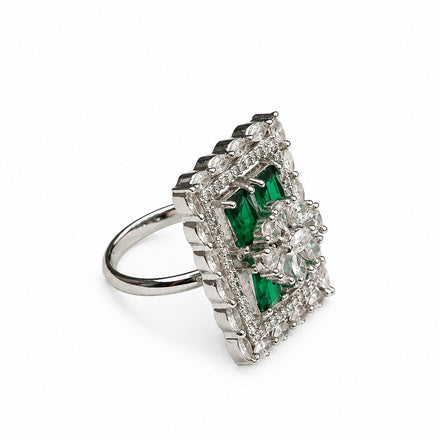 Rhodium Plated Geometric Rectangle Floral Pattern Adjustable Statement Ring