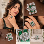 Rhodium Plated Geometric Rectangle Floral Pattern Adjustable Statement Ring