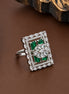 Rhodium Plated Geometric Rectangle Floral Pattern Adjustable Statement Ring