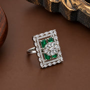 Rhodium Plated Geometric Rectangle Floral Pattern Adjustable Statement Ring