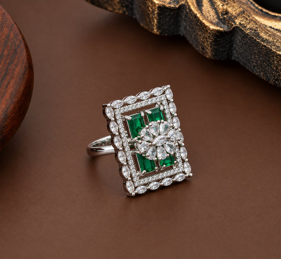 Rhodium Plated Geometric Rectangle Floral Pattern Adjustable Statement Ring