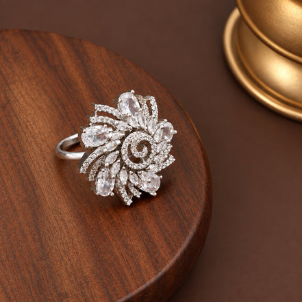 Rhodium Plated Floral Spiral Pattern CZ Adjustable Ring