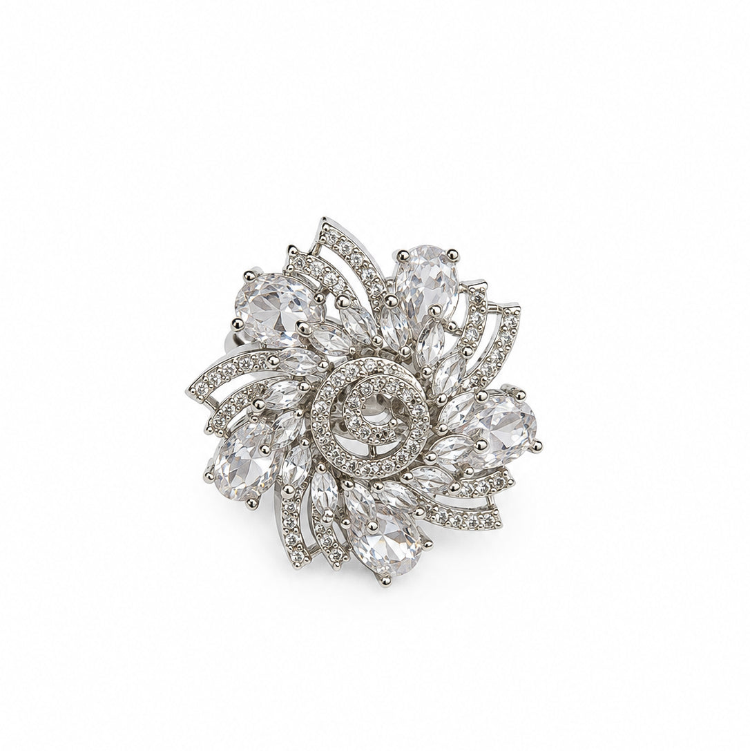 Rhodium Plated Floral Spiral Pattern CZ Adjustable Ring