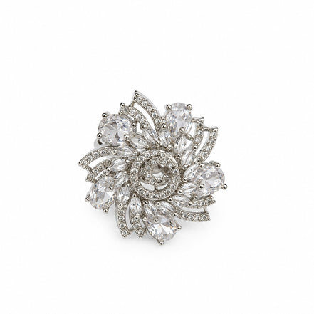 Rhodium Plated Floral Spiral Pattern CZ Adjustable Ring