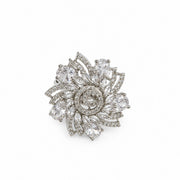 Rhodium Plated Floral Spiral Pattern CZ Adjustable Ring