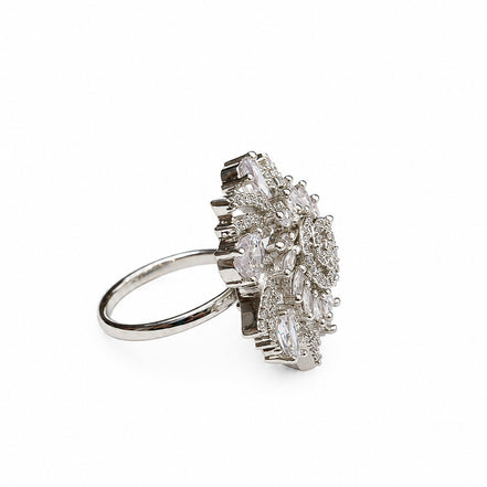 Rhodium Plated Floral Spiral Pattern CZ Adjustable Ring