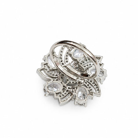 Rhodium Plated Floral Spiral Pattern CZ Adjustable Ring