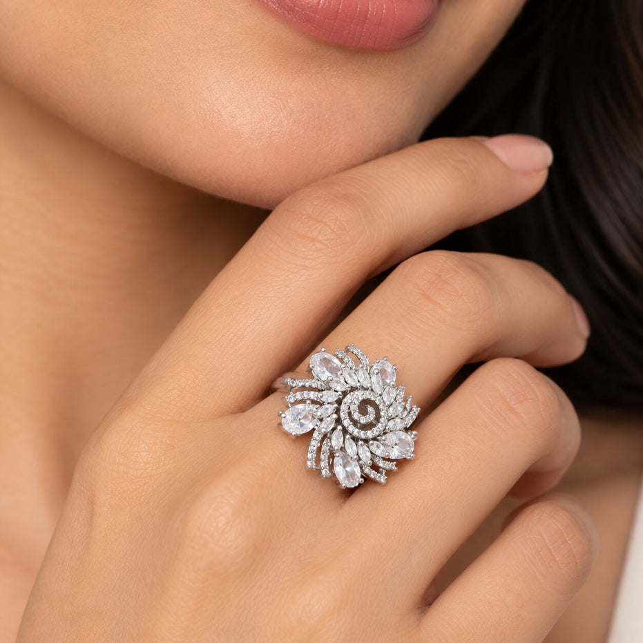 Rhodium Plated Floral Spiral Pattern CZ Adjustable Ring