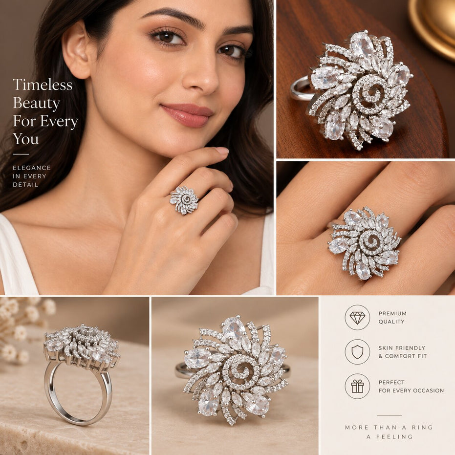 Rhodium Plated Floral Spiral Pattern CZ Adjustable Ring