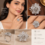 Rhodium Plated Floral Spiral Pattern CZ Adjustable Ring