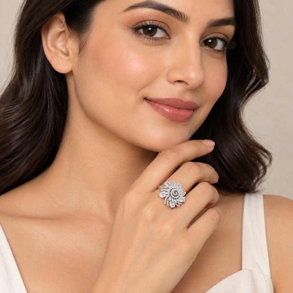 Rhodium Plated Floral Spiral Pattern CZ Adjustable Ring