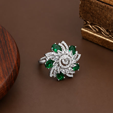 Rhodium Plated Floral Spiral Pattern CZ Adjustable Ring