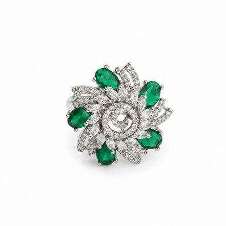 Rhodium Plated Floral Spiral Pattern CZ Adjustable Ring