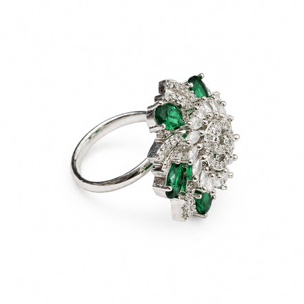 Rhodium Plated Floral Spiral Pattern CZ Adjustable Ring