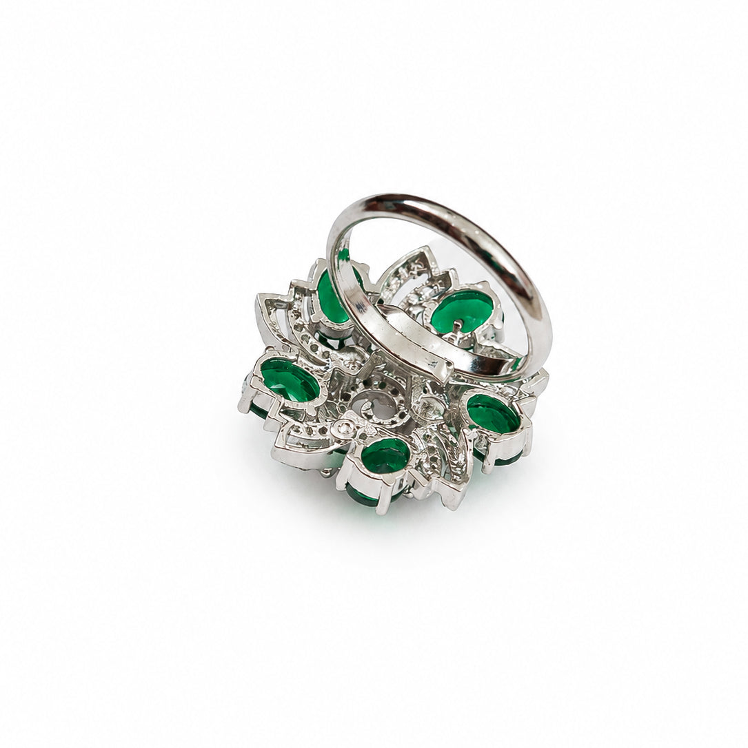 Rhodium Plated Floral Spiral Pattern CZ Adjustable Ring