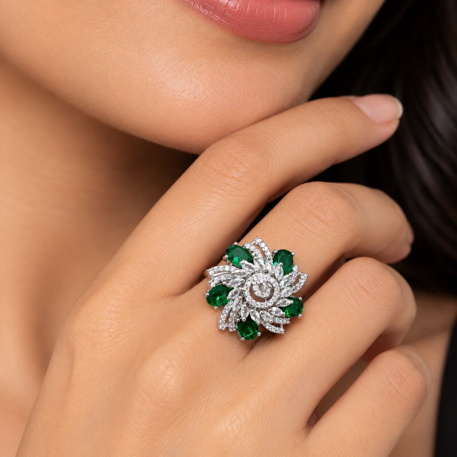 Rhodium Plated Floral Spiral Pattern CZ Adjustable Ring