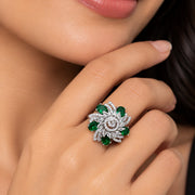 Rhodium Plated Floral Spiral Pattern CZ Adjustable Ring