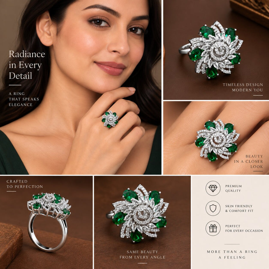 Rhodium Plated Floral Spiral Pattern CZ Adjustable Ring