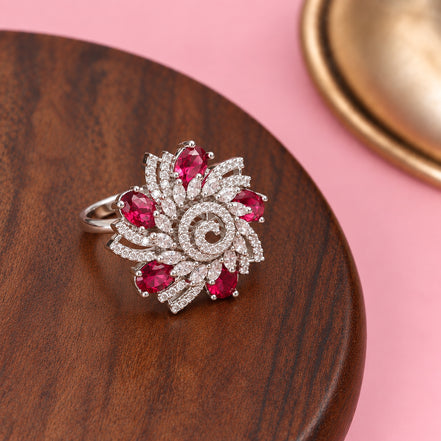 Rhodium Plated Floral Spiral Pattern CZ Adjustable Ring
