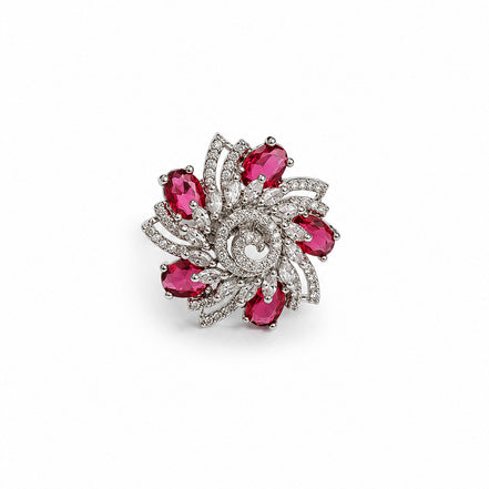 Rhodium Plated Floral Spiral Pattern CZ Adjustable Ring