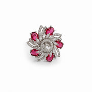 Rhodium Plated Floral Spiral Pattern CZ Adjustable Ring