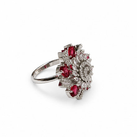Rhodium Plated Floral Spiral Pattern CZ Adjustable Ring