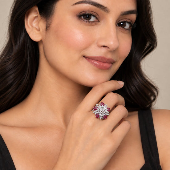 Rhodium Plated Floral Spiral Pattern CZ Adjustable Ring