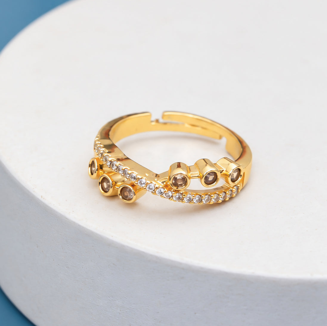 Gold Plated CZ Cluster Stone Pattern Ring with Intricate Sparkling Detailing