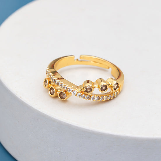 Gold Plated CZ Cluster Stone Pattern Ring with Intricate Sparkling Detailing