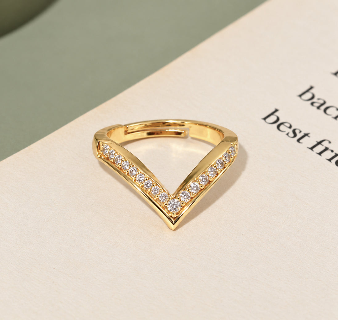Gold Plated CZ V-Shaped Chevron Pattern Ring with Sparkling Stone Detailing