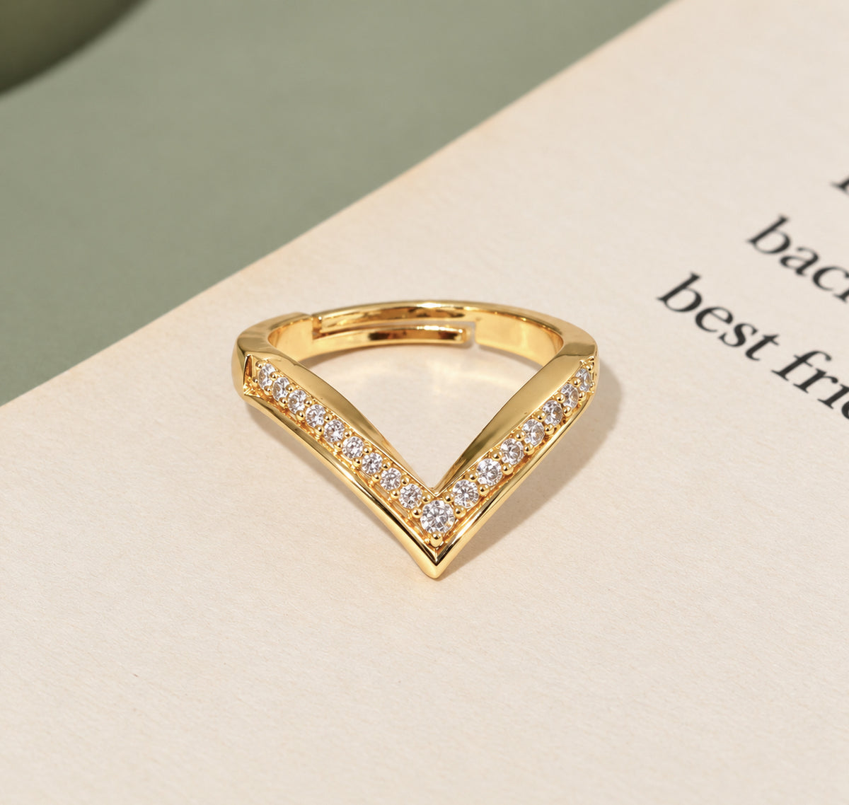Gold Plated CZ V-Shaped Chevron Pattern Ring with Sparkling Stone Detailing