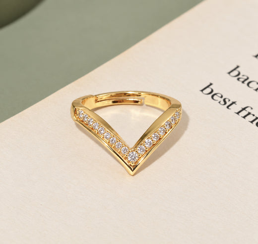 Gold Plated CZ V-Shaped Chevron Pattern Ring with Sparkling Stone Detailing