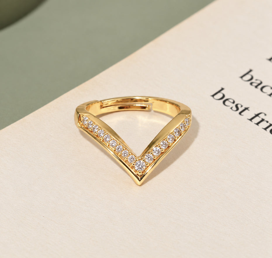Gold Plated CZ V-Shaped Chevron Pattern Ring with Sparkling Stone Detailing