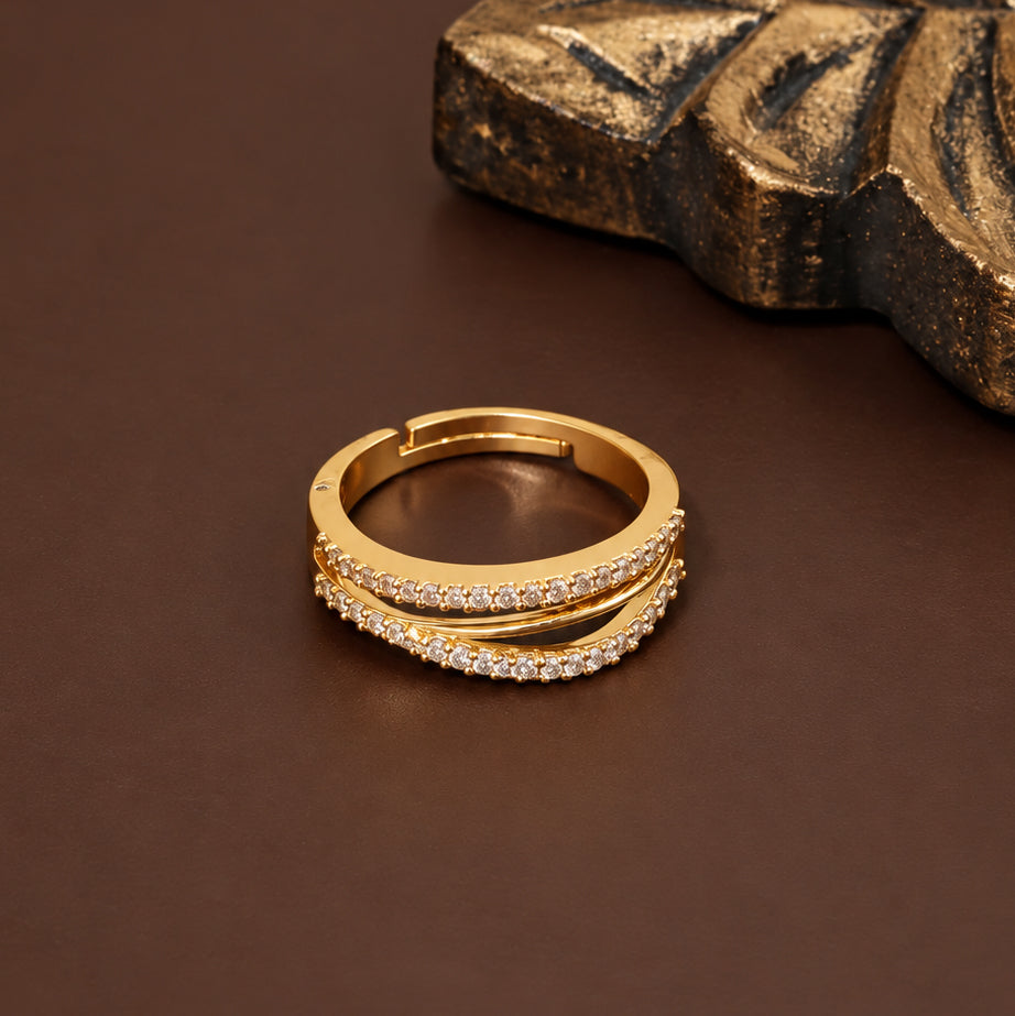 Gold Plated CZ Double Band Curved Pattern Ring with Sparkling Stone Detailing