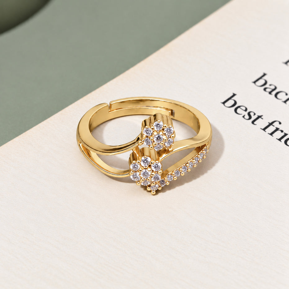 Gold Plated CZ Floral Cluster Ring with Curved Band & Sparkling Stone Detailing