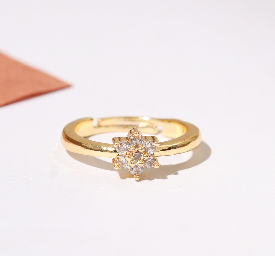 Gold Plated CZ Floral Cluster Ring with Elegant Flower Pattern & Sparkling Stones