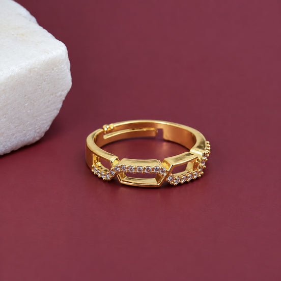 Gold Plated Hexagonal Pattern Crystal Ring