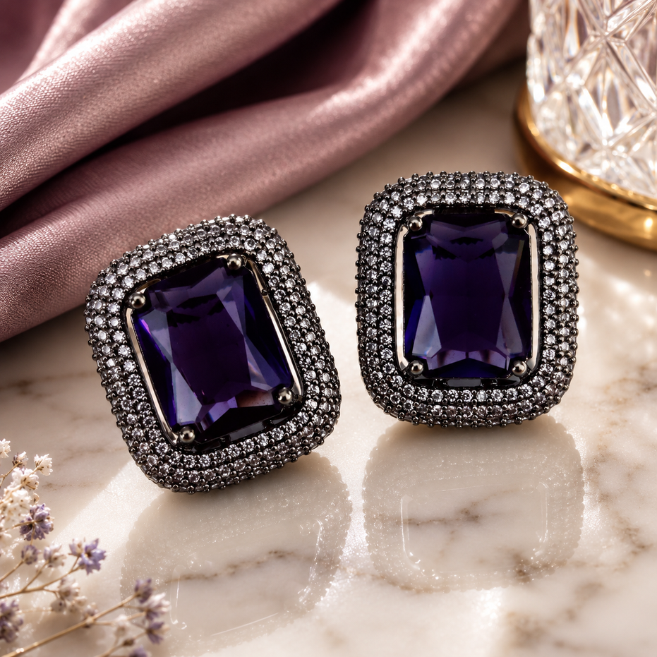 Gleaming Crystal Black Plated Studs