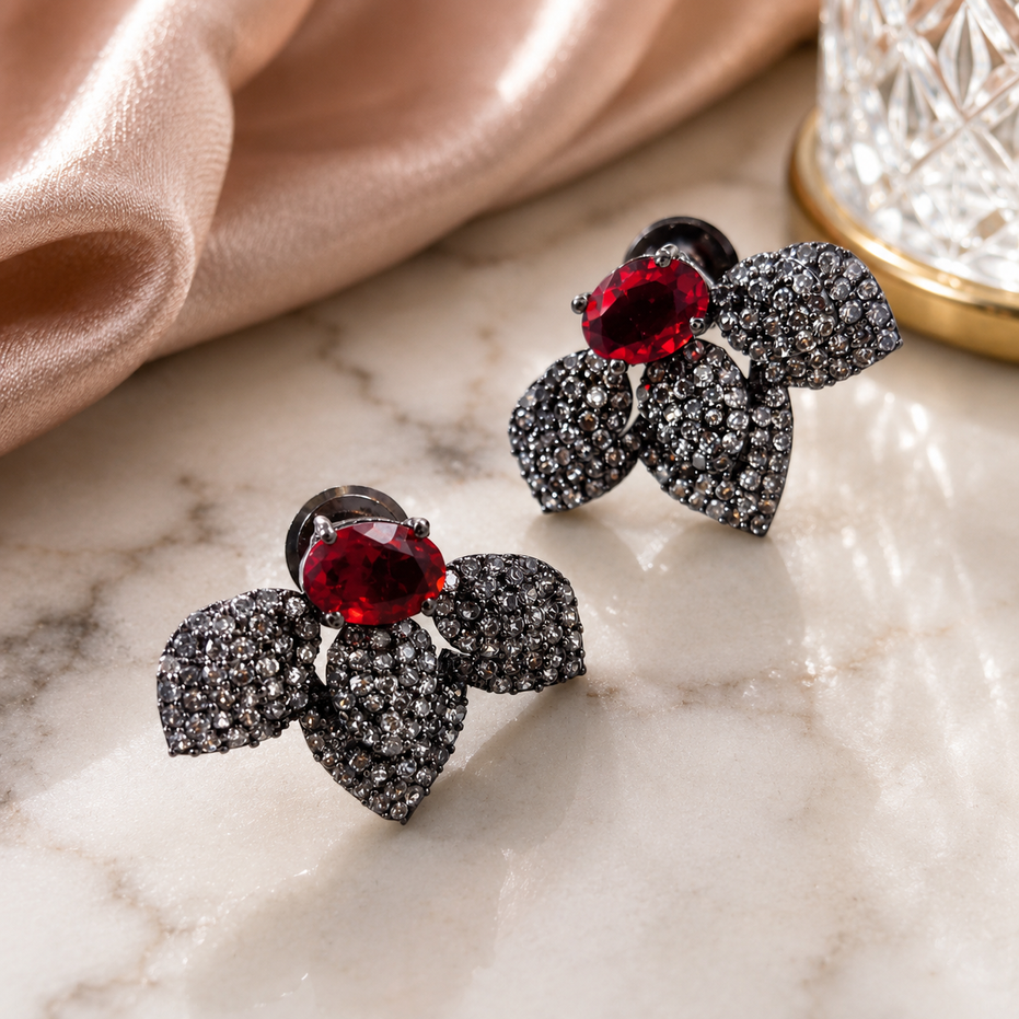 Black Plated Leaf Design American Diamond Stud Earrings