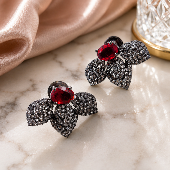 Black Plated Leaf Design American Diamond Stud Earrings