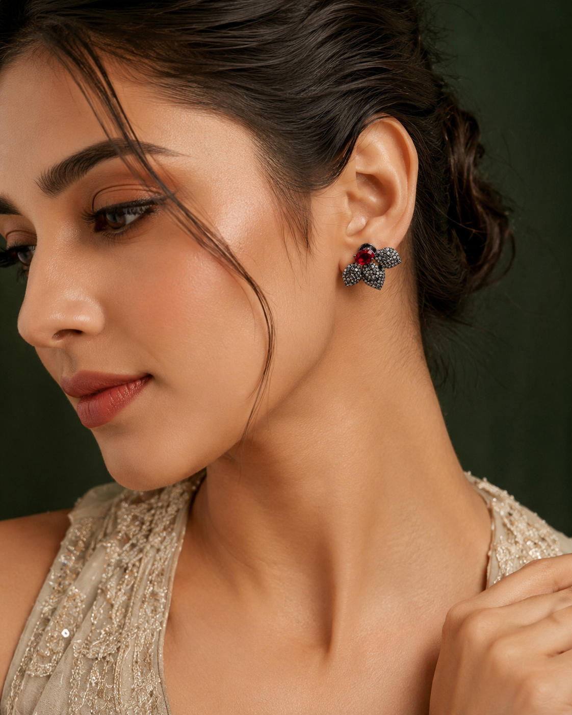 Black Plated Leaf Design American Diamond Stud Earrings