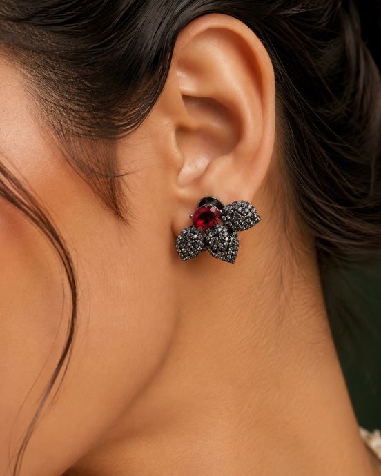 Black Plated Leaf Design American Diamond Stud Earrings