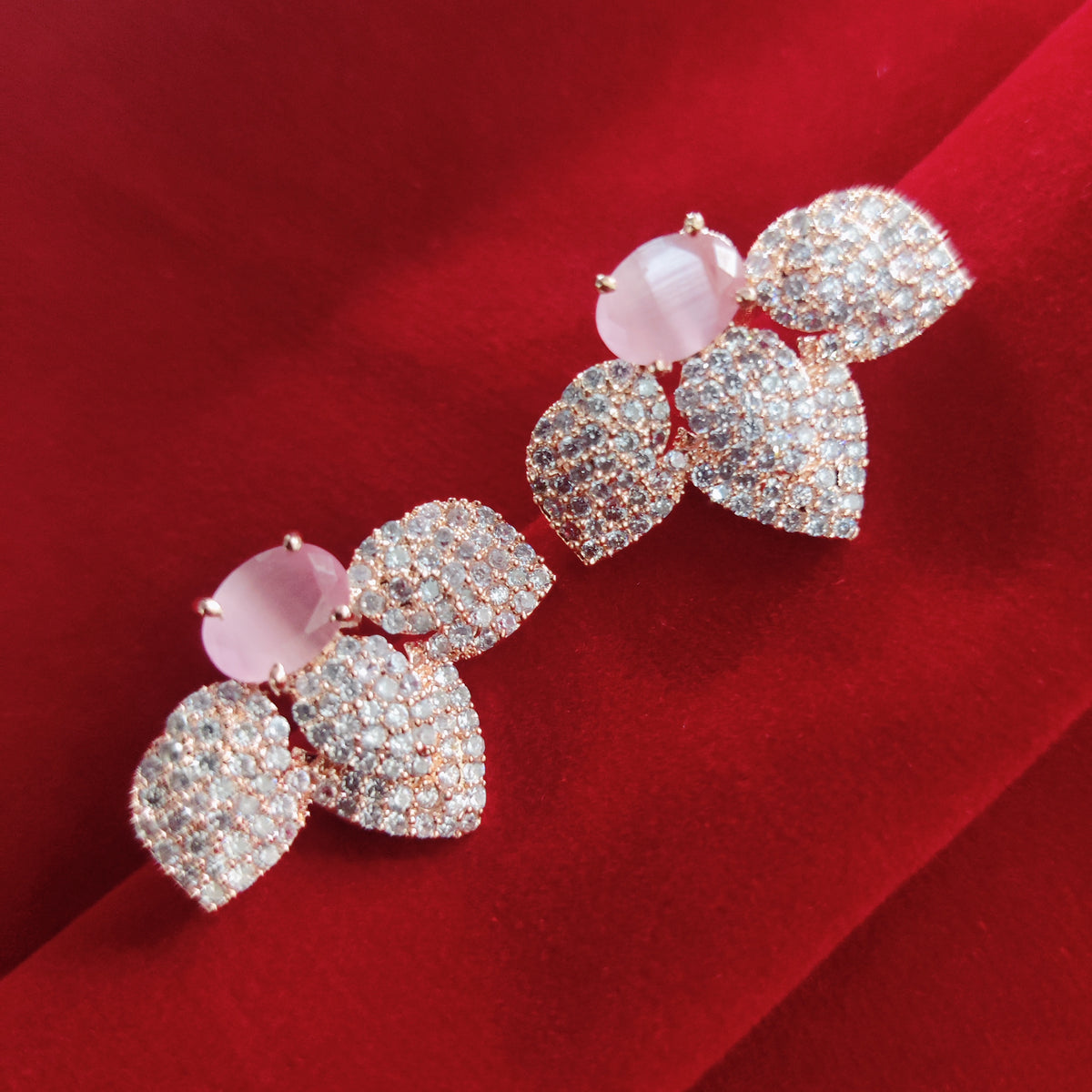Rose Gold Plated Leaf Design American Diamond Stud Earrings