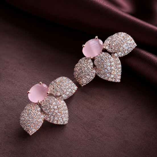 Rose Gold Plated Leaf Design American Diamond Stud Earrings