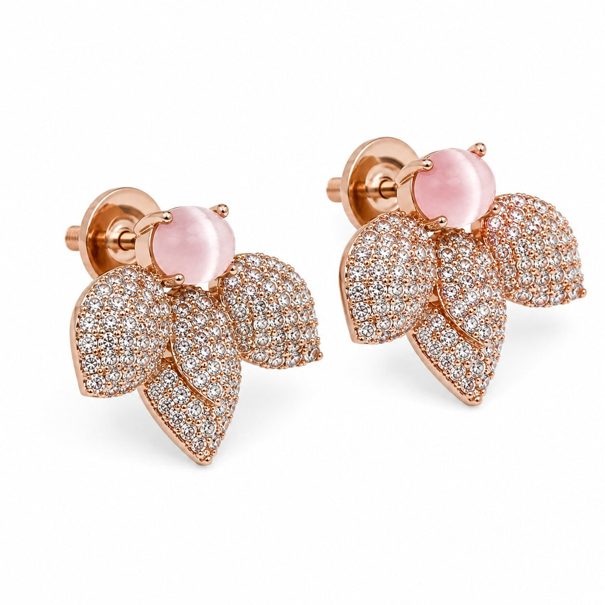 Rose Gold Plated Leaf Design American Diamond Stud Earrings