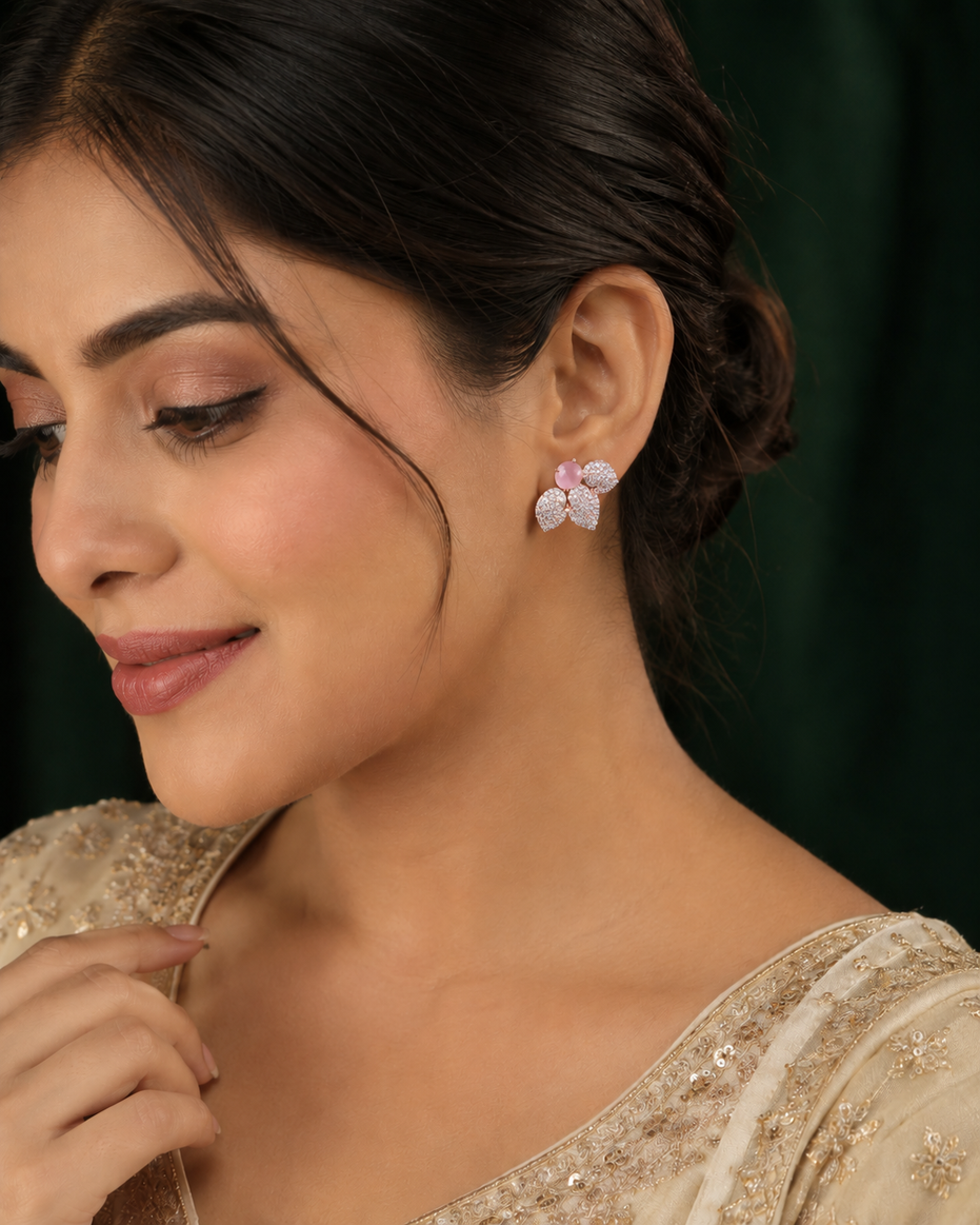 Rose Gold Plated Leaf Design American Diamond Stud Earrings