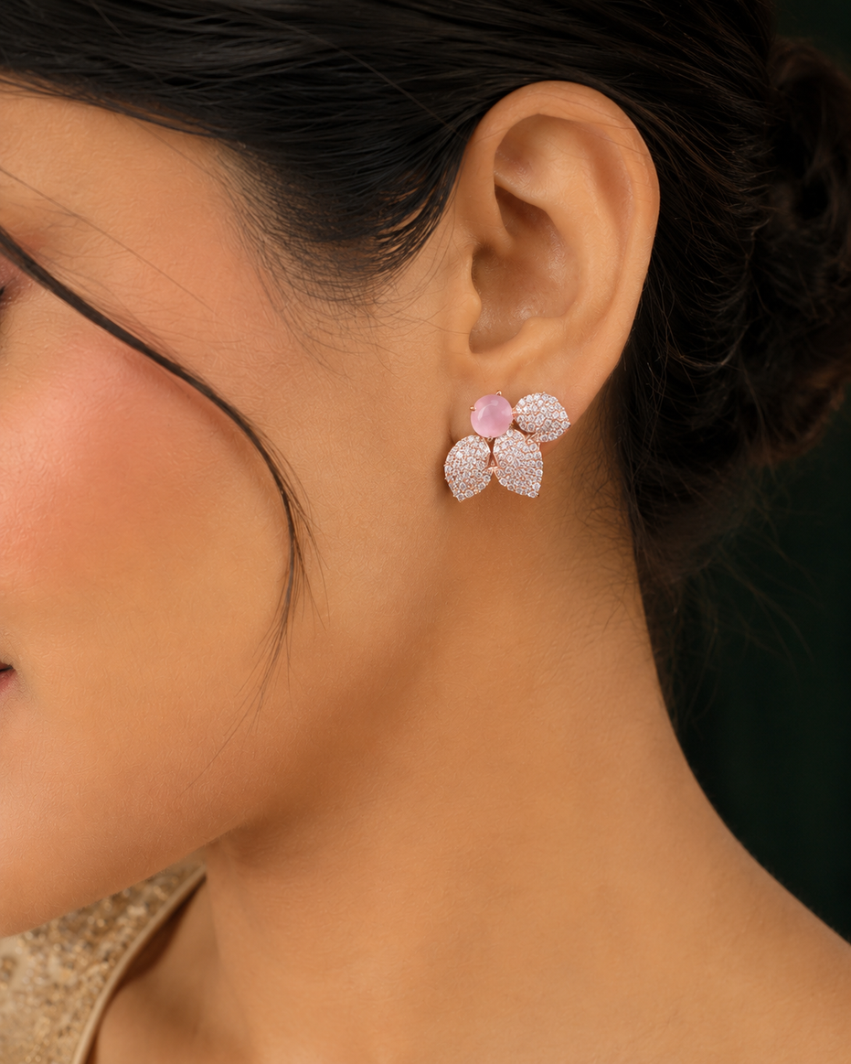 Rose Gold Plated Leaf Design American Diamond Stud Earrings