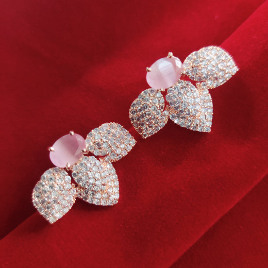 Rose Gold Plated Leaf Design American Diamond Stud Earrings
