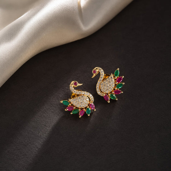 Gold Plated Swan Design American Diamond Stud Earrings